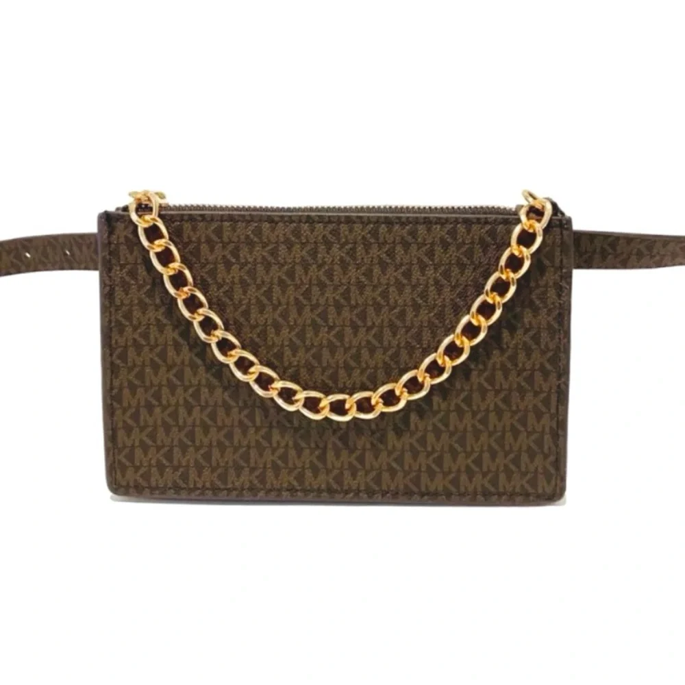 Michael Kors Brown Logo Belt Waist Bag With Gold Chain NWT